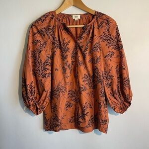 WHiT NYC Forrest Print Blouse Button Up Size P Silk Mustard